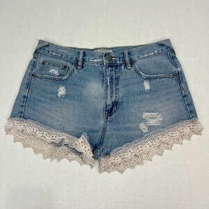 Free People Bohemian Lace Distressed Light-Washed Denim Shorts